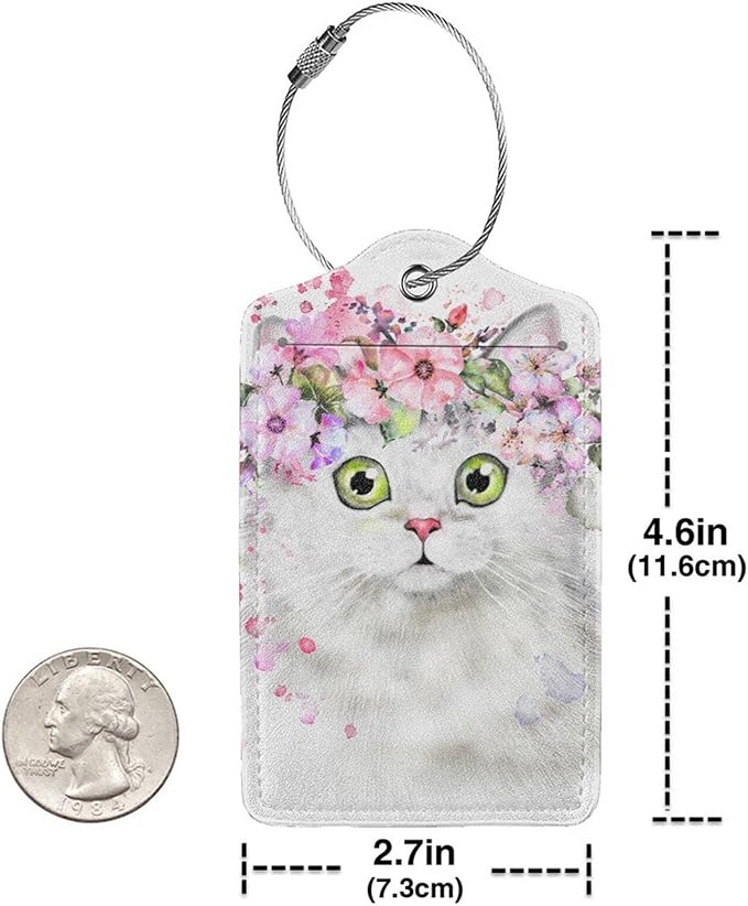 2 Pcs Cute White Cat with Pink Flowers Pattern Leather Luggage Tags, Funny Animal-Themed Suitcase Labels Bag Tag Name ID Labels with Privacy Cover for Teen Kids Adults