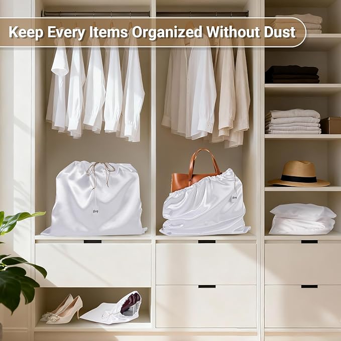 Ewen 7 Pack of 23.6x19.6in Satin Dust Bags for Handbags, White Dustproof Silk Bags with Drawstring for Travel, Purse Bag for Storage, Satin Covers for Shoes and Boots, Closet Organizers and Storage