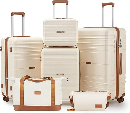 Luggage Sets 6 Piece with Spinner Wheels, Lightweight Hardshell Suitcase Set with TSA Lock, Carry On Checked Luggage with Travel Bag & Toiletry Bag (Beige, 6 piece sets（14/20/24/28/DB/TB）)