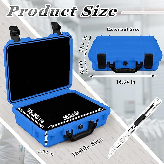 1 Pcs 16.3 x 12.4 x 6.5 Inch Waterproof Hard Case with DIY Customizable Foam Insert Portable Protective Case with Knife for Camera Drones Equipments Tools Test Instruments (Blue)
