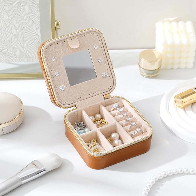 Genuine Leather Travel Jewelry Organizer Case with Mirror for Women, Small Mini Portable Jewelry Box for Earring, Ring, Necklace, Bracelet（Brown）