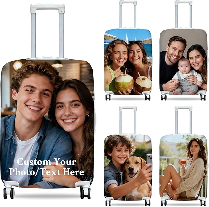 Custom Luggage Cover Personalized Photo Suitcase Protector - Add Your Photo, Name & Text, Double-Sided Design, Elastic & Washable Suitcase Protector Cover