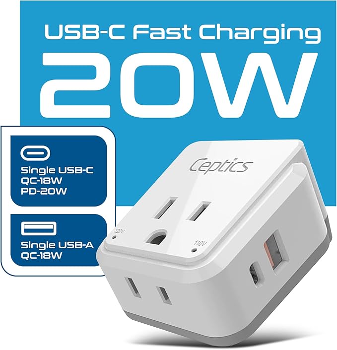 Ceptics China, Malaysia Power Adapter Travel Set, 20W PD & QC, Safe Dual USB & USB-C 3.1A–2 USA Outlet - Compact-Use in Hong Kong, Kuwait, Singapore, Iraq - Includes Type G, I, C SWadAPt Attachments