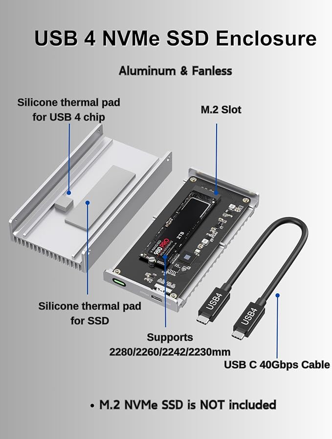 Noiseless 40Gbps M.2 NVMe Enclosure, USB C Aluminum External SSD Enclosure Compatible Thunderbolt4/3 8TB SSD Adapter, PCIe Gen4 M.2 SSD Reader Fits 2280/2260/2242/2230mm M B+M Key (Silver)