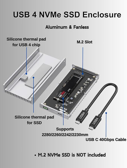 Noiseless 40Gbps M.2 NVMe Enclosure, USB C Aluminum External SSD Enclosure Compatible Thunderbolt4/3 8TB SSD Adapter, PCIe Gen4 M.2 SSD Reader Fits 2280/2260/2242/2230mm M B+M Key (Silver)