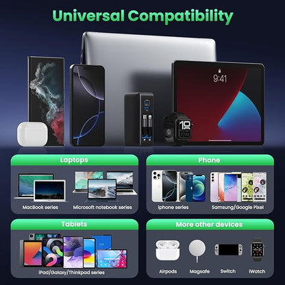 120W USB C Charger Block with 2 Built-in Retractable Cables,4-in-1 GaN IV Foldable Plug Wall Charger Fast Charging Station,PD 65W Laptop Adapter for MacBook/iPad,iPhone 16/15/14,Android (Black)