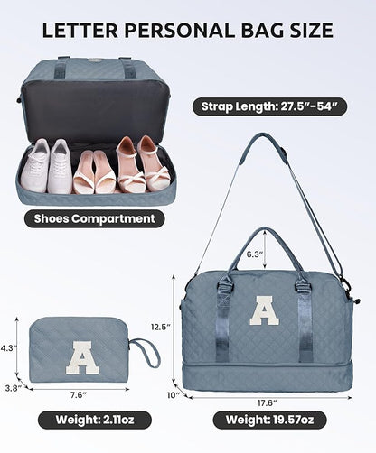Personalized Gifts-Initial Overnight Bag with Shoe Compartment, Personalized Weekender Bag, Monogram Overnight Bag, Letter Travel Bag with Makeup Bag，Birthday Gift For Women Girl (Letter Q)