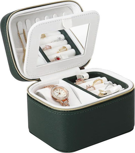 DesignSter Travel Jewelry Case,Small Jewelry Box with Mirror,Leather Material Travel Jewelry Case Organizer, Portable Jewelry Organizer with Zipper(Black)