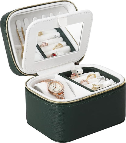 DesignSter Travel Jewelry Case,Small Jewelry Box with Mirror,Leather Material Travel Jewelry Case Organizer, Portable Jewelry Organizer with Zipper(Green