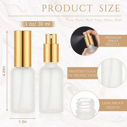 Roshtia 30 Pcs 1 oz/ 30 ml Gold Glass Spray Bottle Refillable Perfume Atomizer Clear Decorative Empty Bottles with Fine Mist Sprayer Pump for Face Body Travel