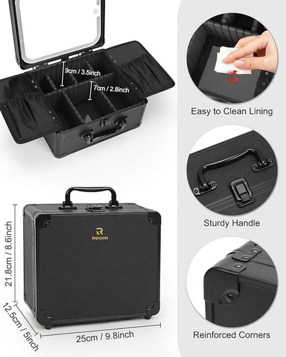 Relavel Makeup Bag with LED Mirror, Makeup Box Travel Train Case with Rechargeable Lighted Mirror & Adjustable Dividers, Cosmetic Brush Organizer Storage for Makeup Artists Gifts for Women and Girls