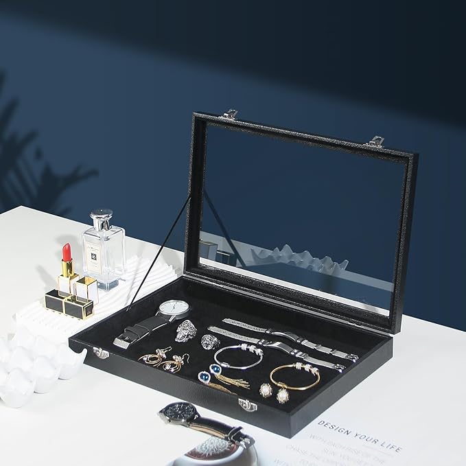 Coward Jewelry Organizer Box, Black Velvet Blank Display Tray Case with Lid for Storage Necklaces Bracelets Rings Beads and Jewelry Accessories