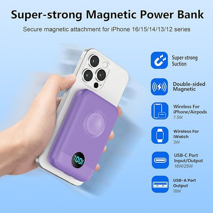 Magnetic Portable Charger for iPhone,10800mAh 4-in-1 Power Bank with iWatch Charger,25W PD Fast Charging Battery Pack for Magsafe,iPhone 17/16/15/14/13/12 Series,Apple Watch,Travel Essential,Purple