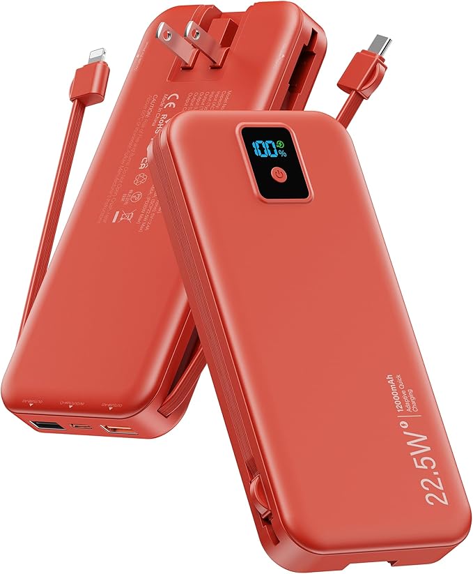 Portable Charger, 12000mAh 22.5W Fast Charging Power Bank with Built-in Cables & Wall Plug, Travel Essentials Battery Pack with LED Display, USB C External Battery Bank for iPhone iPad, Samsung Red
