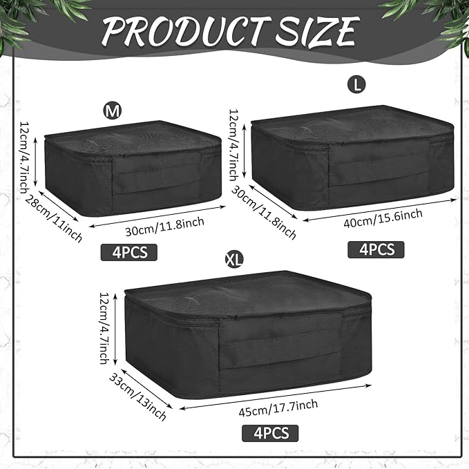 Silkfly 12 Pcs Packing Cubes for Suitcase Travel Luggage Bags Bulk Mesh Organizer Set for Hiking Camping Backpacking Clothes Accessories (Black,XL, L, M Size)