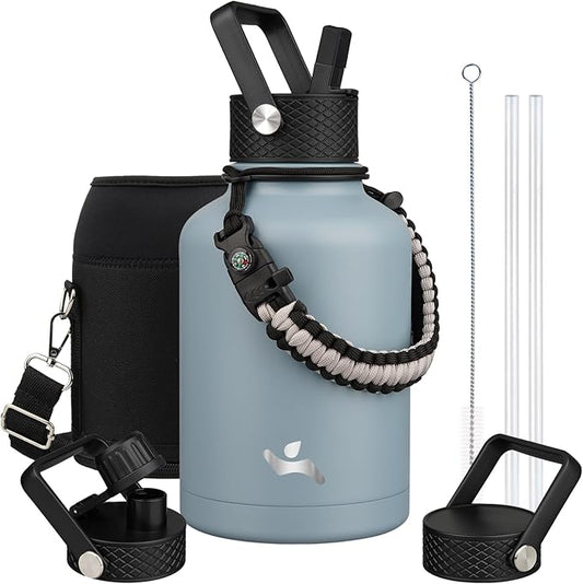 Insulated Water Bottle with Straw,50 oz 3 Lids Water Jug with Carrying Bag,Paracord Handle,Double Wall Vacuum Stainless Steel Metal Flask,Storm Blue