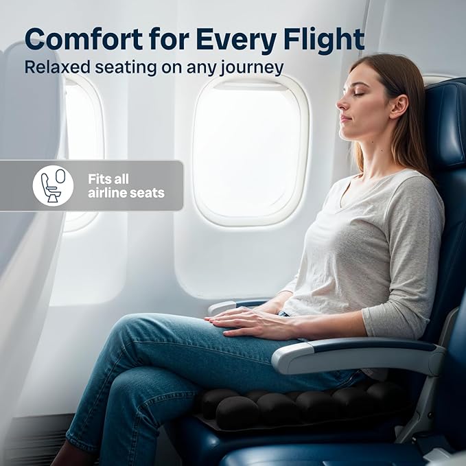 Travel Cushion – CloudAir Technology Airplane Seat Cushion – Inflatable Travel Pillow for Long Flights – Portable Air Cell Design, Puncture-Resistant Waterproof Pad – Black