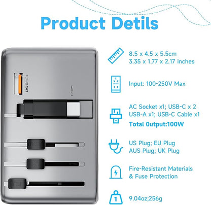 Minthouz Universal Travel Adapter, International 100W Power Adapter GaN Fast Charger with 2 USB-C PD, 1 USB-C Cable &A Ports, All-in-One Portable AC Power Plug Adapter for USA EU UK AUS