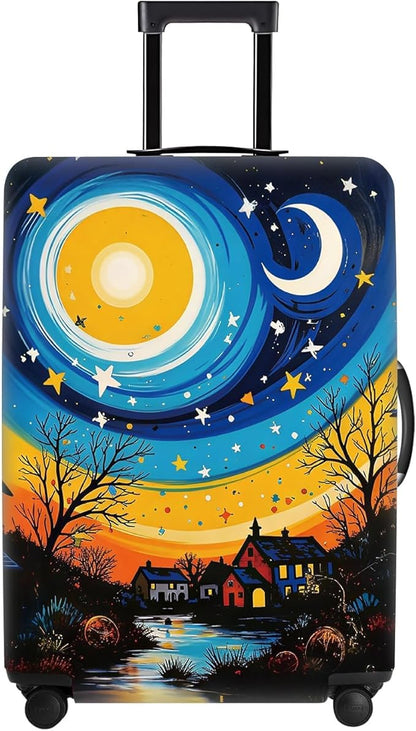 Starry Night Luggage Cover – Artistic Travel Suitcase Protector with Moon and Village Landscape Design, Elastic Washable Luggage Cover for 28''–30'' Suitcase,L