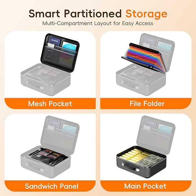 Fireproof Document Box with Lock, Waterproof Hard Shell File Organizer with Accordion Folder, Portable Fireproof File Safe Box for Home Office Storage of Documents, Laptop, Cash & Passports