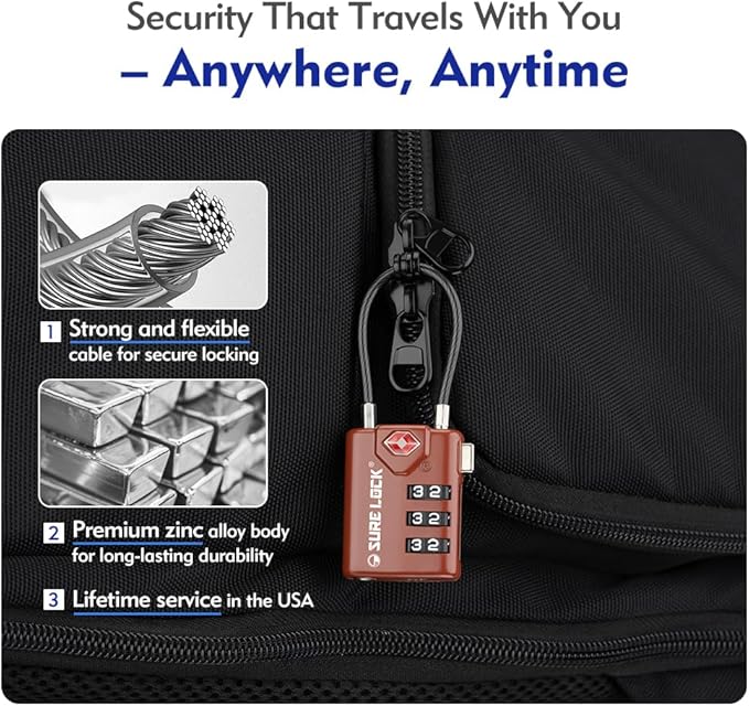 SURE LOCK TSA Approved Combination Luggage Locks with Open Alert Indicator – Durable Zinc Alloy Cable Travel Locks with Large Easy-Read Dials for Suitcases, Backpacks & Gym Bags