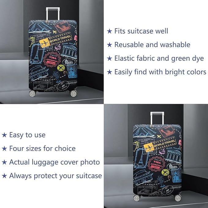 fancyfree Luggage Cover Washable Suitcase Protector Anti-scratch Suitcase cover (Colorful Landmarks, M(22"-24" luggage))