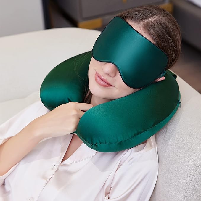 100% Mulberry Silk Neck Pillow for Travel 22 Momme Real Silk Travel Pillow for Pain Relief Sleeping, Silk Airplane Pillow, Anti Wrinkle Travel Pillow Made in USA (Emerald Green)