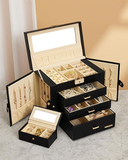 Homde 2 IN 1 Jewelry Box for Women Girls with Small Travel Case Mirror Necklace Ring Earrings Organizer - Christmas Gifts (Black + Gold)