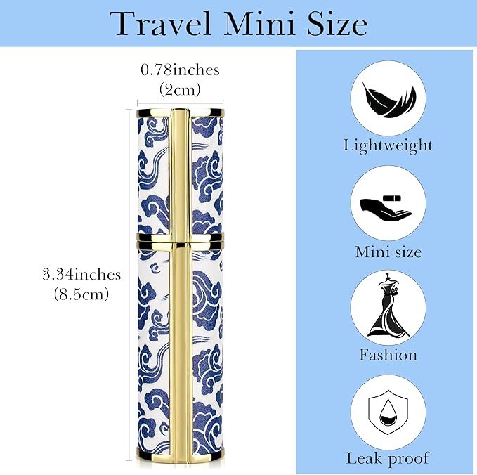 LUEXBOX Portable Perfume Bottle for Travel, Mini Refillable Perfume Dispenser, 5ml Faux Leather Leak Proof Perfume Atomizers, Blue and White Bottles Sprayer for Pocket Perfume (Blue Cloud)