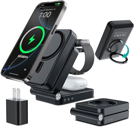 HUOTO 3 in 1 Foldable Magnetic Wireless for iPhone Charging Station,10000mAh Portable Charger Power Bank with Stand for MagSafe Battery Pack for iPhone 17/16/15/14/13/12 Series/Apple Watch/Air pods