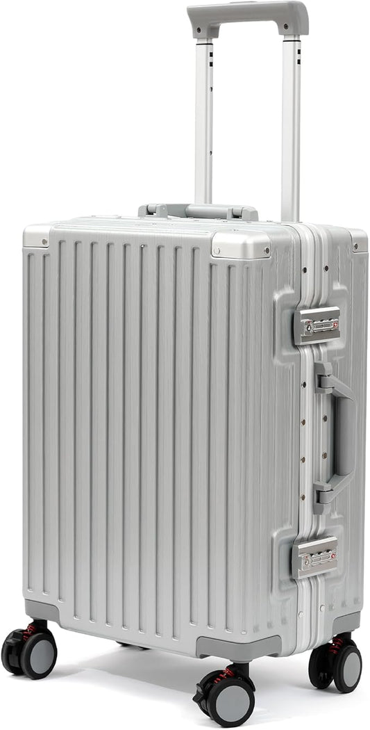 26 Inch Checked Luggage with Spinner Wheels, No Zipper Aluminum Frame Hard Shell Suitcases with TSA Lock, PC+ABS Lightweight Large Suitcase for Travel (Silver)