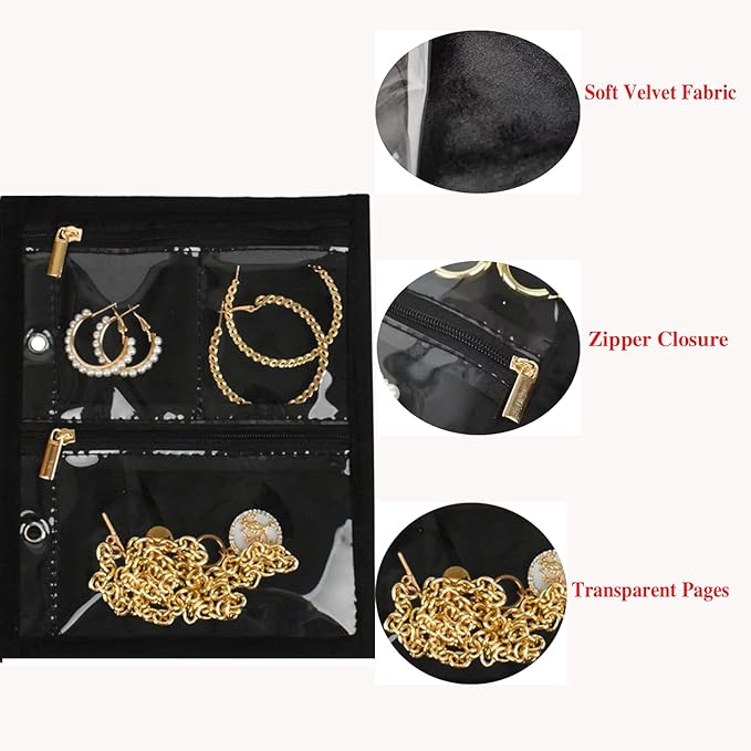 GSXRB Travel Jewelry Organizer Case with Clear Zipper Pouches,3pcs Velvet Jewelry Storage Book Binder, Multi-Layer Inner Pages for Earrings/Rings/Necklace/Bracelet, Compact & Waterproof(Black lining)
