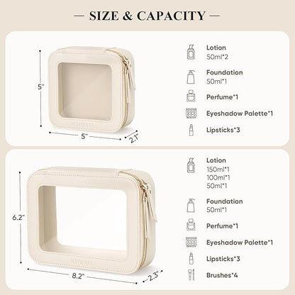 Clear Makeup Bag, Travel Toiletry Bag Cosmetic Case for Women, Waterproof Portable Make Up Skincare Pouch with Zipper, Compact Car Organizer Bag for Essentials, Mini & Medium, Beige