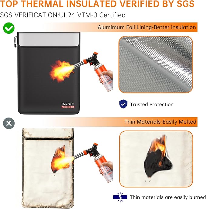DocSafe Fireproof Document Bag (5200℉) with Fireproof Organizer Travel Case,Heat Insulated Fire＆Water Resistant 8 Layers Safe Money Bag Storage for Important Documents,Cash,Power Bank,Valuables,Black