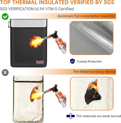 DocSafe Fireproof Document Bag (5200℉) with Fireproof Organizer Travel Case,Heat Insulated Fire＆Water Resistant 8 Layers Safe Money Bag Storage for Important Documents,Cash,Power Bank,Valuables,Black