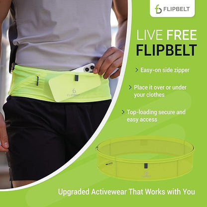 FlipBelt Lightweight Running Air Belt, Fitness and Running Fanny Pack for Women and Men, Non Chafing Waist Band Pack for Phone, Keys, Money, Moisture Wicking Storage Belt, USA Company Neon Yellow