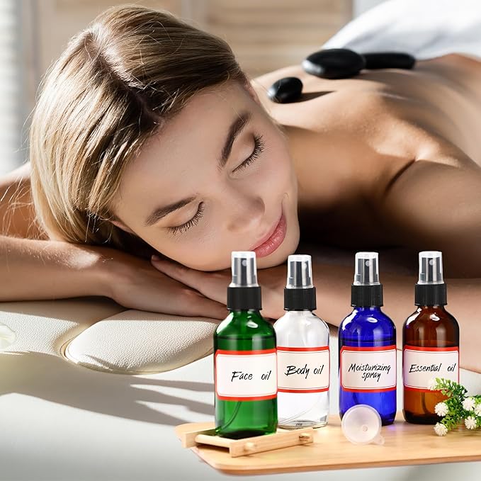 Fumete 36 Pcs Glass Spray Bottles 4oz Fine Mist Glass Spray Bottle Refillable Liquid Containers with 6 Labels 6 Funnel for Hair Travel Plants Cleaning Solutions Skin Care(Multicolor,Classic)