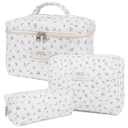 Makeup Bag,Quilted Cosmetic Bag,Large Floral Make Up Bag for Women,Cotton Makeup Bag Set,Flower Travel Toiletry Bag