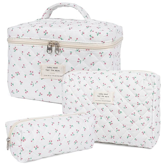 Makeup Bag,Quilted Cosmetic Bag,Large Floral Make Up Bag for Women,Cotton Makeup Bag Set,Flower Travel Toiletry Bag
