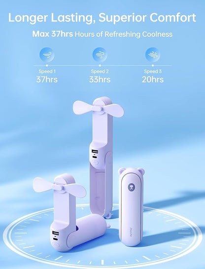JISULIFE Handheld Fan with 4500 mAh Powerbank Max 37 Hours Runtime, Pocket Portable Battery Operated or USB Powered Folding Personal Fan, 3 Speeds, Gifts for Women Men Kids Gift for Festival-Purple