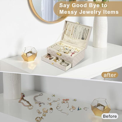 GUOER Jewelry Box for Women Girl Wife - Large PU Leather Jewelry Organizer Storage Case with Two Layers Display for Earrings Bracelets Rings Watches (Light Khaki)