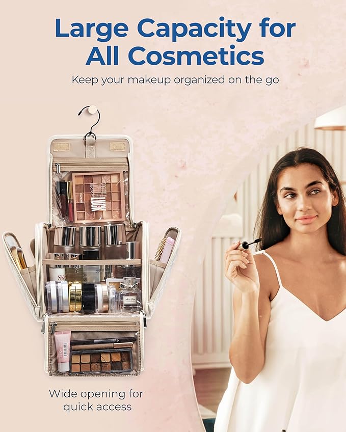 BAGSMART Travel Toiletry Bag, Large Capacity Cosmetic Bags for Women with Hanging Hook, Water-resistant for Toiletries Accessories Brushes Sponge, With Handle