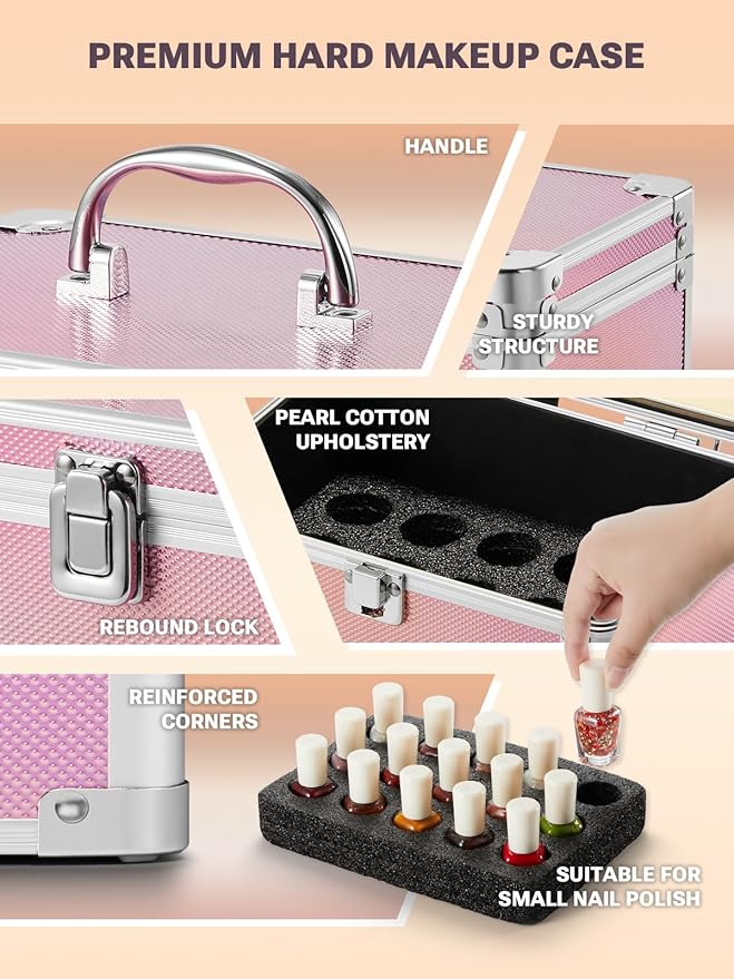 Qislee Makeup Box Mini with A Detachable Lighted Mirror, Waterproof Small Makeup Case,Cosmetic Organizer and Travel Train Case with Magnetic LED Mirror(Silver Frame Iridescent Pink)
