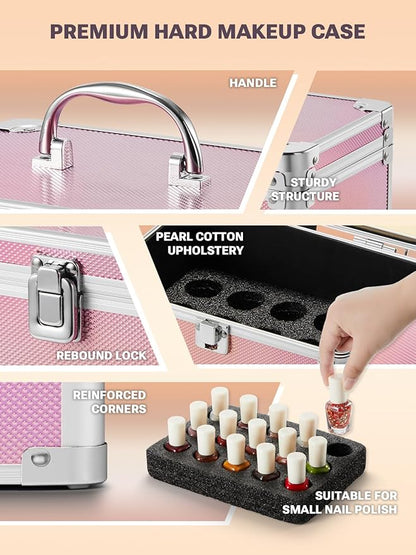 Qislee Makeup Box Mini with A Detachable Lighted Mirror, Waterproof Small Makeup Case,Cosmetic Organizer and Travel Train Case with Magnetic LED Mirror(Silver Frame Iridescent Pink)