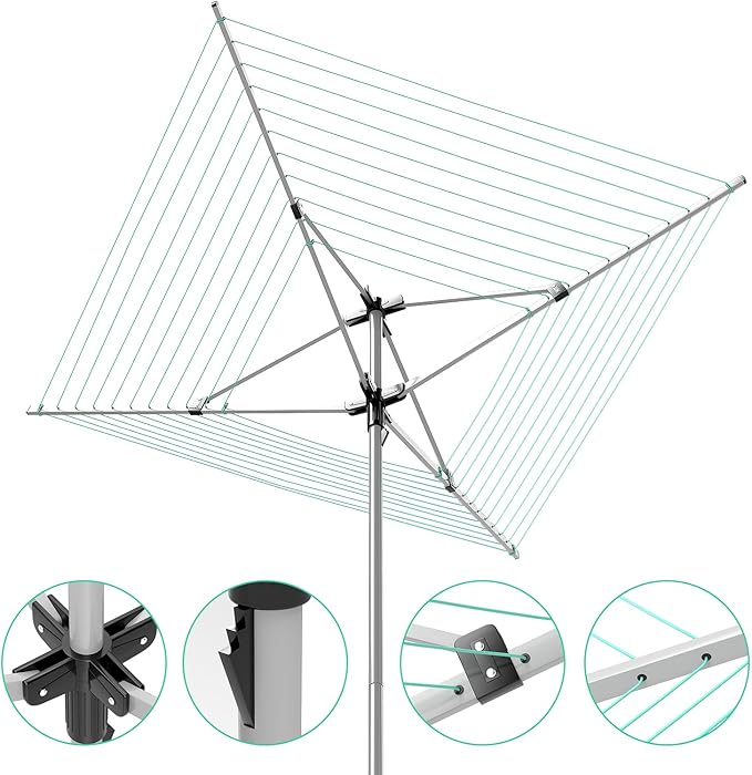 tonchean Rotary Umbrella Drying Rack Outdoors, 4-arm Umbrella Clothesline for Laundry, Adjustable Height Rotary Dryer Collapsible Clothes Drying Rack | 12-Lines with 165 ft. Clothesline