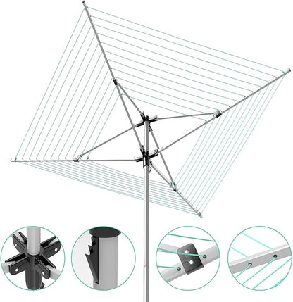 tonchean Rotary Umbrella Drying Rack Outdoors, 4-arm Umbrella Clothesline for Laundry, Adjustable Height Rotary Dryer Collapsible Clothes Drying Rack | 12-Lines with 165 ft. Clothesline