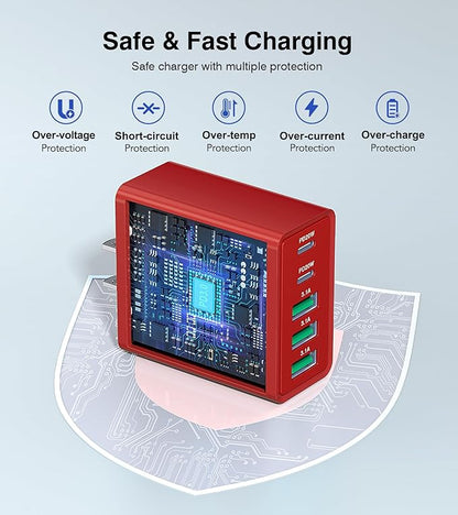 USB C Wall Charger Block, 2Pack 60W USB C Charger 5-Port PD Fast Charging Blocks,QC 3.0 USB A Multiport Plug,Type C Power Adapter Brick Cube for iPhone 17/16/15/14/13/Pro,Samsung,for Switch/Pixel（Red）