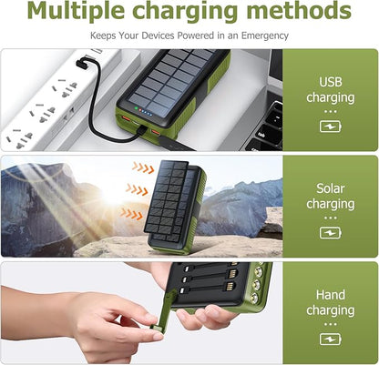 Solar Charger Power Bank 63200mAh, Portable Charger with Dual Outputs & Dual Inputs 4 LEDs Flashlight, Hand Crank Power Bank Fast Charging Battery Pack for Outdoor Camping Survival Gear (army green)