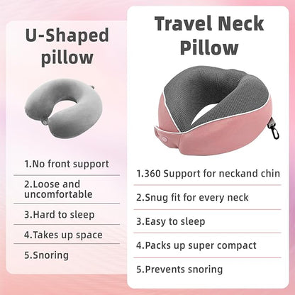 Memory Foam Neck Pillow Travel - Travel Pillows for Airplanes with Round Storage Box, 360° Ergonomic Support for Sleeping on Long Flights, Compact & Portable (Pink)