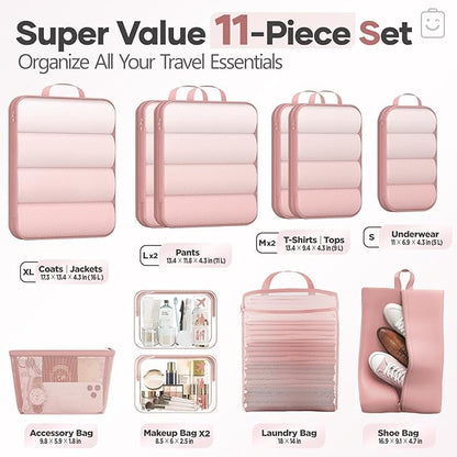 Veken 11 Set Compression Packing Cubes for Travel Essentials,Compressible Expandable Large Luggage Suitcase Organizer Bags for Clothing,Durable Space Saver Storage Bags with Toiletry Bags(Pink)